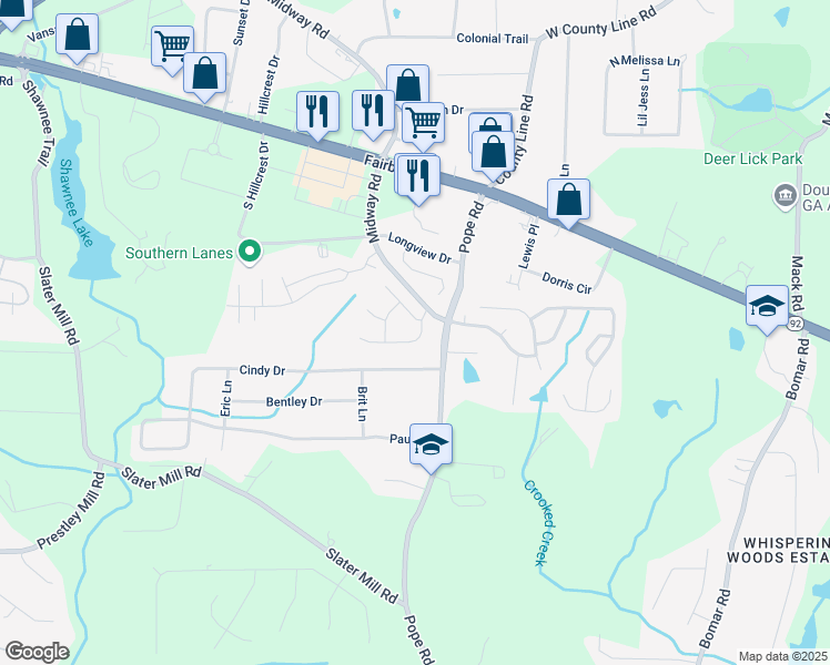 map of restaurants, bars, coffee shops, grocery stores, and more near 2345 Iron Horse Drive in Douglasville