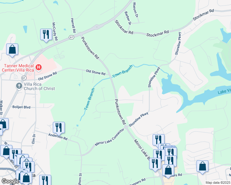map of restaurants, bars, coffee shops, grocery stores, and more near 511 Punkintown Road in Villa Rica