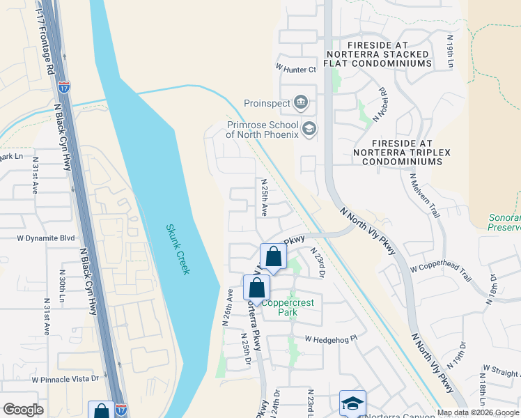 map of restaurants, bars, coffee shops, grocery stores, and more near 2514 East Silverwood Drive in Phoenix