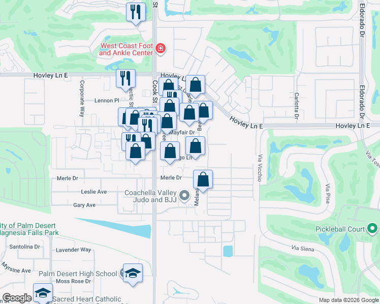 map of restaurants, bars, coffee shops, grocery stores, and more near 42-200 State Street in Palm Desert