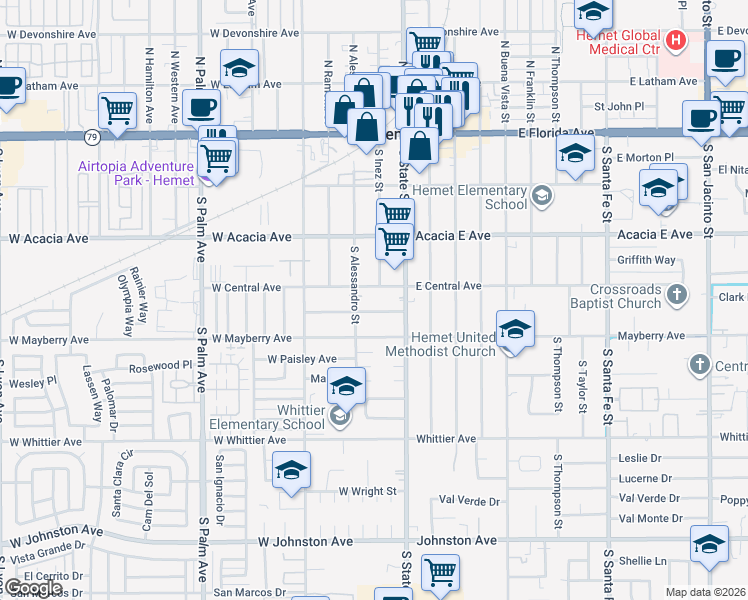 map of restaurants, bars, coffee shops, grocery stores, and more near in Hemet