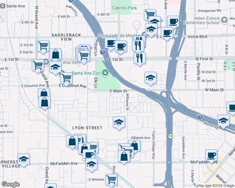 map of restaurants, bars, coffee shops, grocery stores, and more near 153 Sereno in Tustin