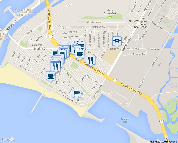 map of restaurants, bars, coffee shops, grocery stores, and more near 312 15th Street in Seal Beach
