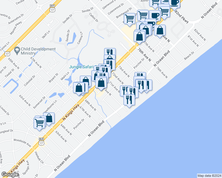 map of restaurants, bars, coffee shops, grocery stores, and more near 312 70th Avenue North in Myrtle Beach