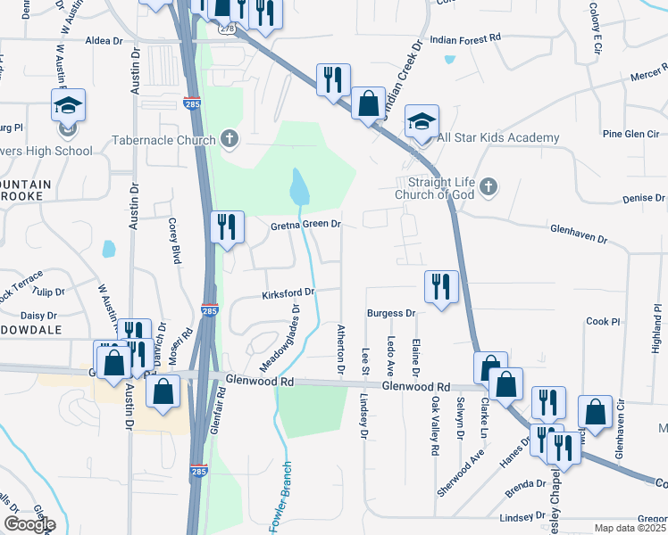 map of restaurants, bars, coffee shops, grocery stores, and more near 1705 Atherton Drive in Decatur