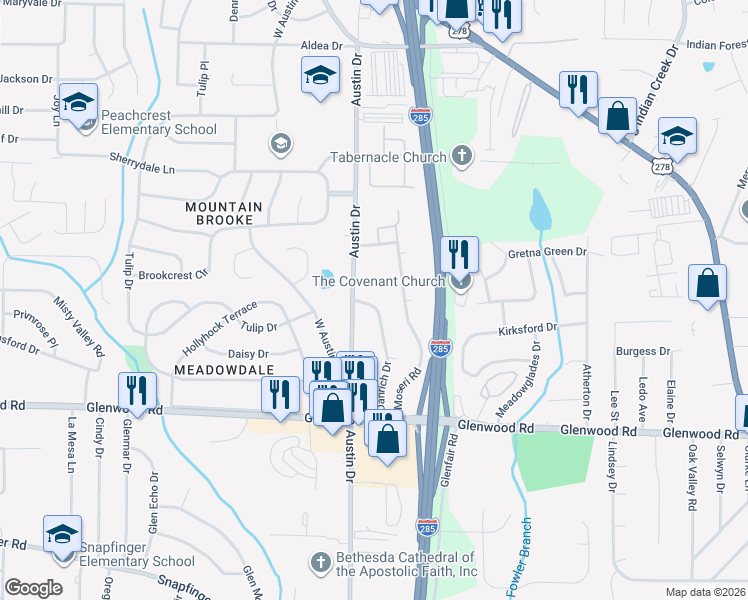 map of restaurants, bars, coffee shops, grocery stores, and more near 1702 Danrich Drive in Decatur