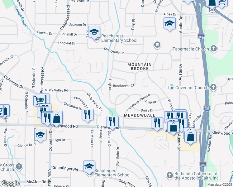 map of restaurants, bars, coffee shops, grocery stores, and more near 3533 Larkspur Terrace in Decatur