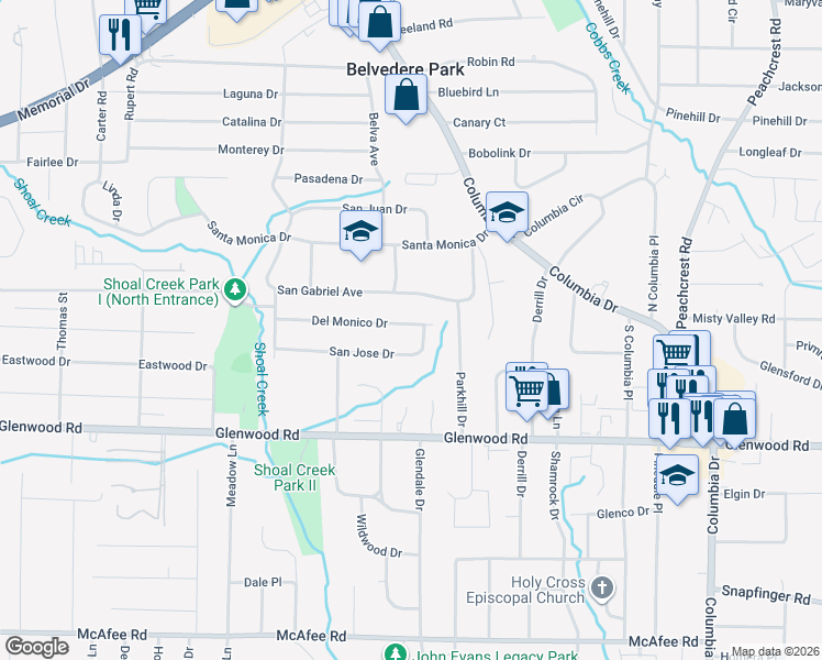 map of restaurants, bars, coffee shops, grocery stores, and more near 3084 San Jose Drive in Decatur