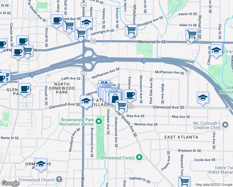 map of restaurants, bars, coffee shops, grocery stores, and more near 467 Metropolitan Place Southeast in Atlanta