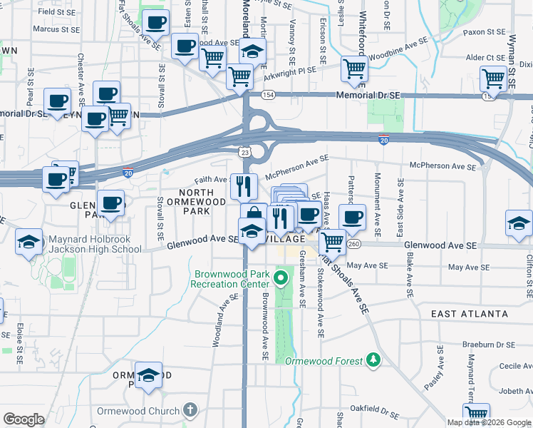map of restaurants, bars, coffee shops, grocery stores, and more near 1205 Metropolitan Avenue Southeast in Atlanta