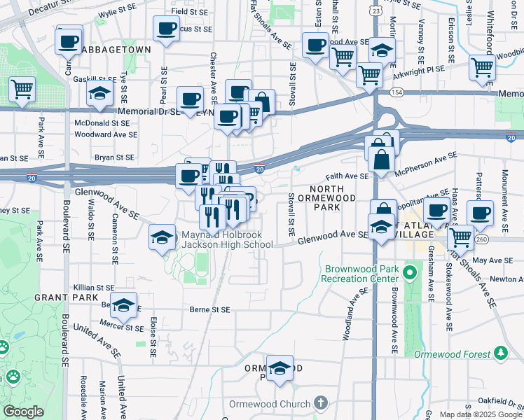 map of restaurants, bars, coffee shops, grocery stores, and more near 481 Glenwood Place Southeast in Atlanta