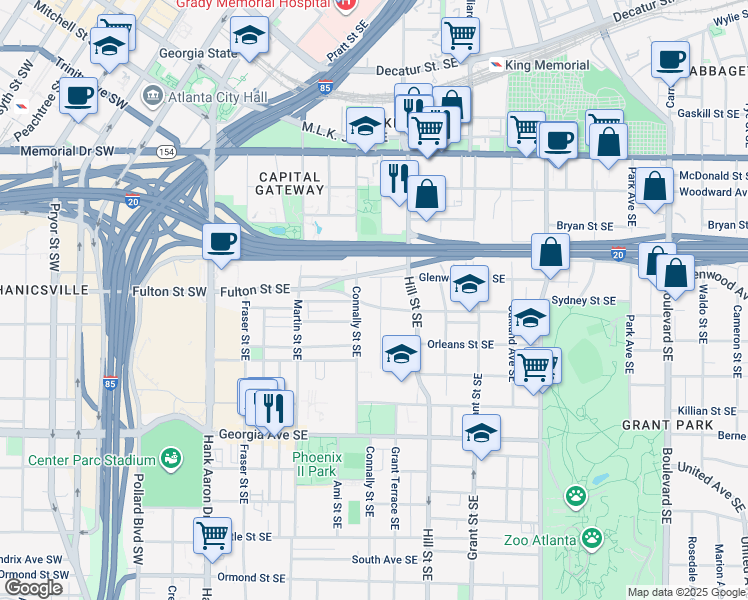 map of restaurants, bars, coffee shops, grocery stores, and more near 510 Connally Street Southeast in Atlanta