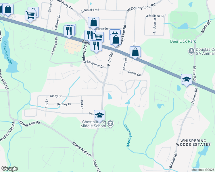 map of restaurants, bars, coffee shops, grocery stores, and more near 3705 Chestnut Meadows Drive in Douglasville