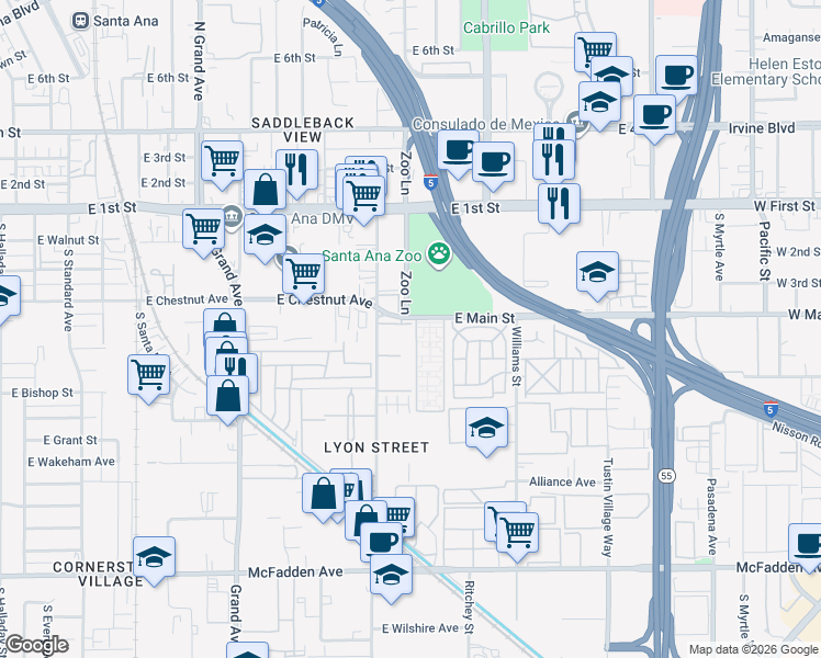 map of restaurants, bars, coffee shops, grocery stores, and more near 16282 East Main Street in Tustin