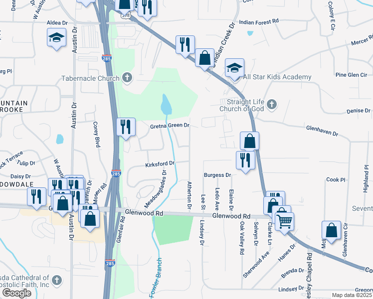 map of restaurants, bars, coffee shops, grocery stores, and more near 1705 Atherton Drive in Decatur