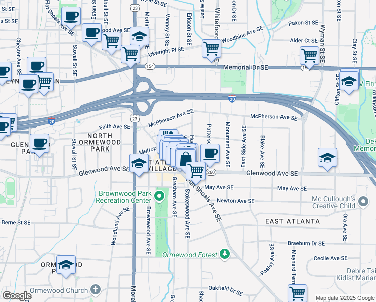 map of restaurants, bars, coffee shops, grocery stores, and more near 467 Metropolitan Place Southeast in Atlanta