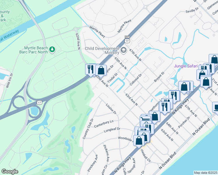 map of restaurants, bars, coffee shops, grocery stores, and more near 816 62nd Avenue North in Myrtle Beach
