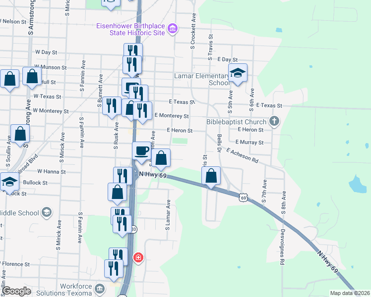 map of restaurants, bars, coffee shops, grocery stores, and more near 231 East Acheson Street in Denison