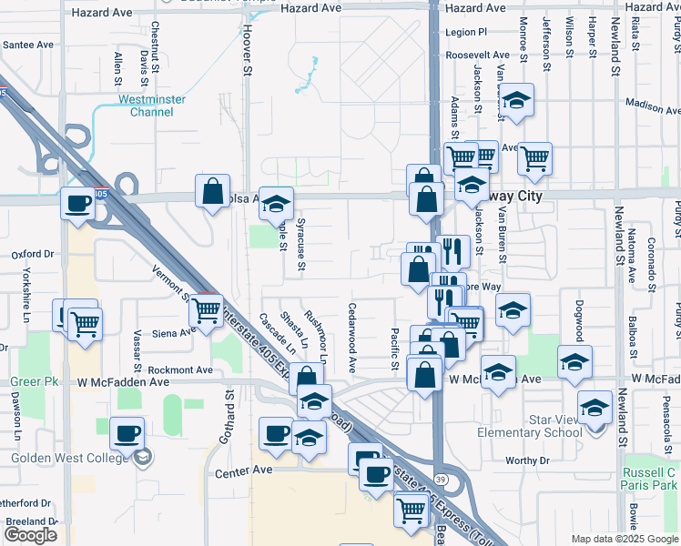 map of restaurants, bars, coffee shops, grocery stores, and more near 7751 Colgate Avenue in Westminster