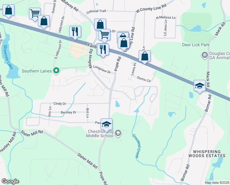 map of restaurants, bars, coffee shops, grocery stores, and more near 3705 Chestnut Meadows Drive in Douglasville