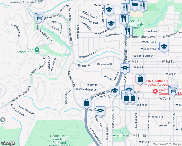 map of restaurants, bars, coffee shops, grocery stores, and more near 332 Miraleste Drive in Los Angeles