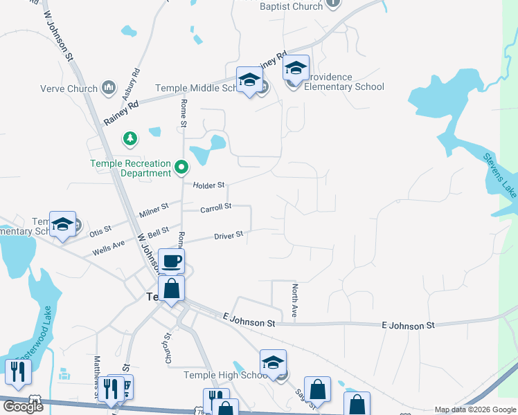 map of restaurants, bars, coffee shops, grocery stores, and more near 110 Antler Trail in Temple