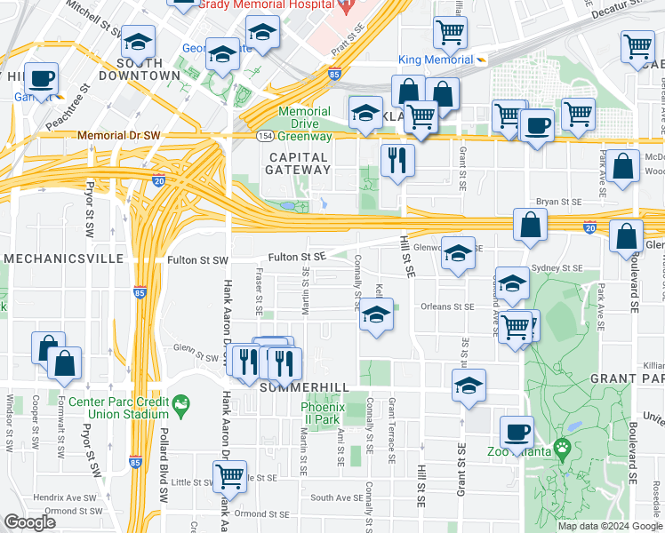 map of restaurants, bars, coffee shops, grocery stores, and more near 152 Fulton Way Southeast in Atlanta