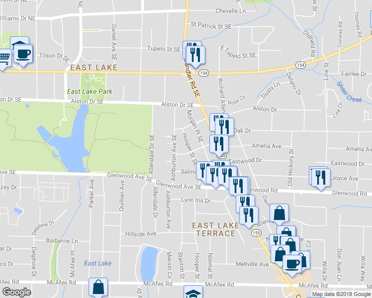 map of restaurants, bars, coffee shops, grocery stores, and more near 395 Hooper Street Southeast in Atlanta
