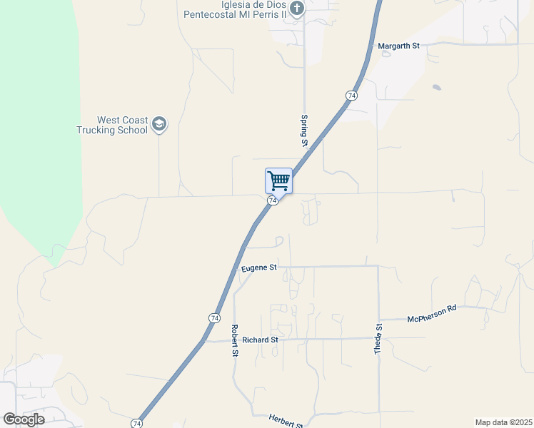map of restaurants, bars, coffee shops, grocery stores, and more near 26026 California 74 in Perris