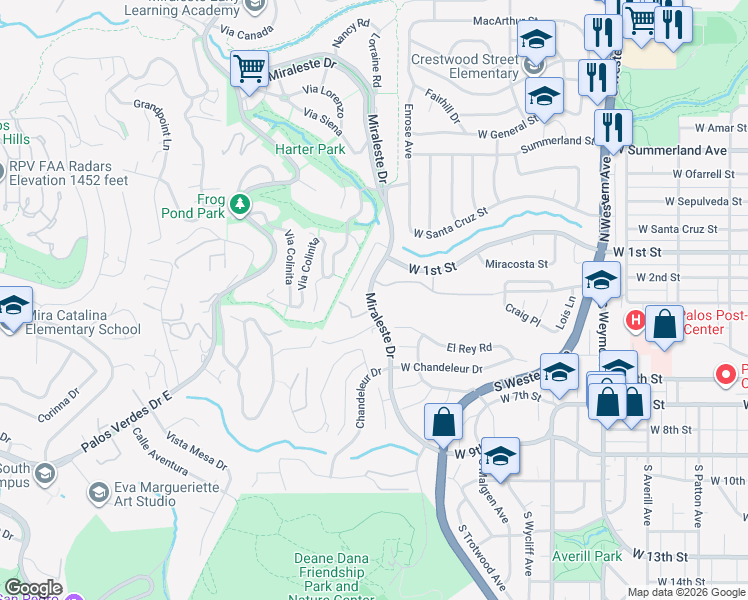 map of restaurants, bars, coffee shops, grocery stores, and more near 340 Miraleste Drive in Los Angeles