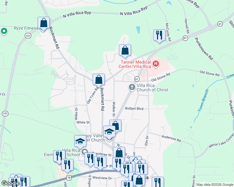 map of restaurants, bars, coffee shops, grocery stores, and more near 415 Walker Street in Villa Rica