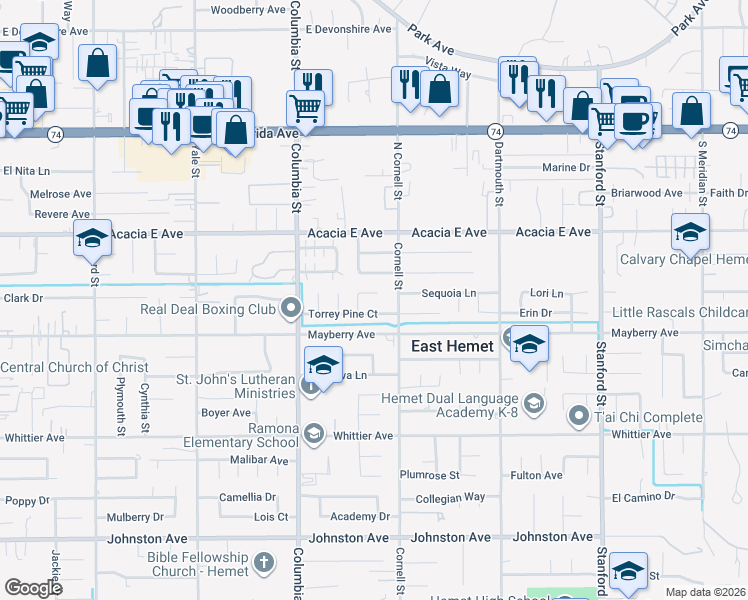 map of restaurants, bars, coffee shops, grocery stores, and more near 26150 Lodgepole Court in Hemet