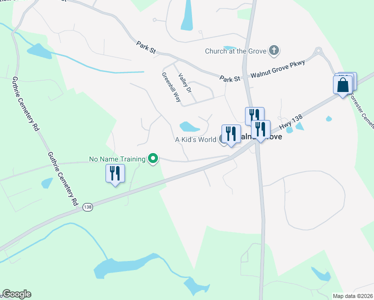 map of restaurants, bars, coffee shops, grocery stores, and more near 201 Cambridge Drive in Loganville