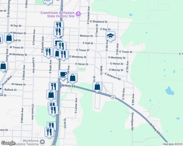 map of restaurants, bars, coffee shops, grocery stores, and more near 231 East Acheson Street in Denison