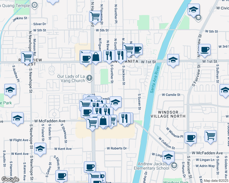 map of restaurants, bars, coffee shops, grocery stores, and more near 405 South Gunther Street in Santa Ana