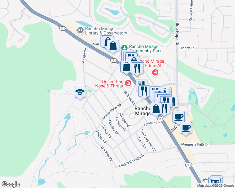 map of restaurants, bars, coffee shops, grocery stores, and more near 71510 San Gorgonio Road in Rancho Mirage