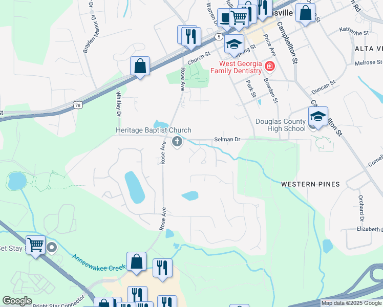 map of restaurants, bars, coffee shops, grocery stores, and more near 8830 Ridgemoore Court in Douglasville