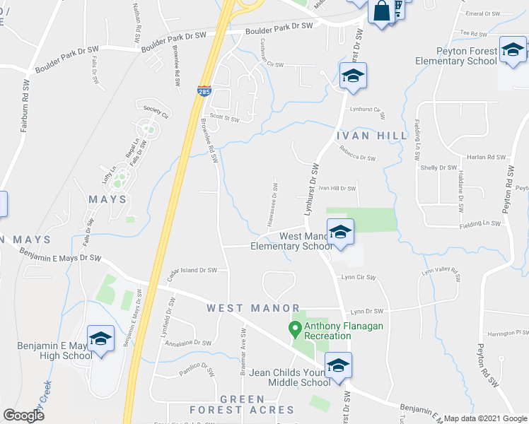 map of restaurants, bars, coffee shops, grocery stores, and more near 531 Hiawassee Drive Southwest in Atlanta