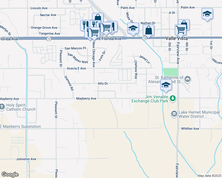 map of restaurants, bars, coffee shops, grocery stores, and more near 43400 Peartree Lane in Hemet