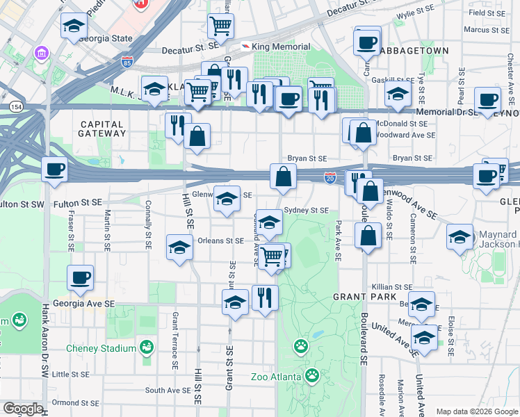 map of restaurants, bars, coffee shops, grocery stores, and more near 472 Oakland Avenue Southeast in Atlanta