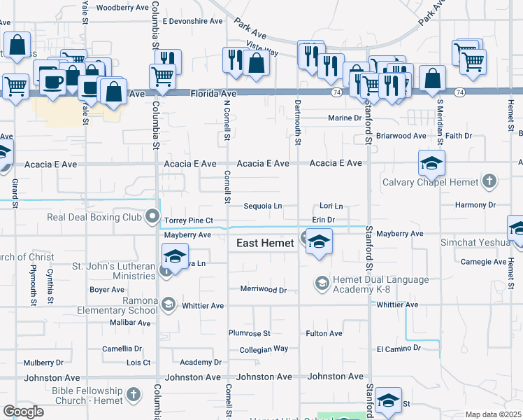 map of restaurants, bars, coffee shops, grocery stores, and more near 41371 Sequoia Lane in Hemet