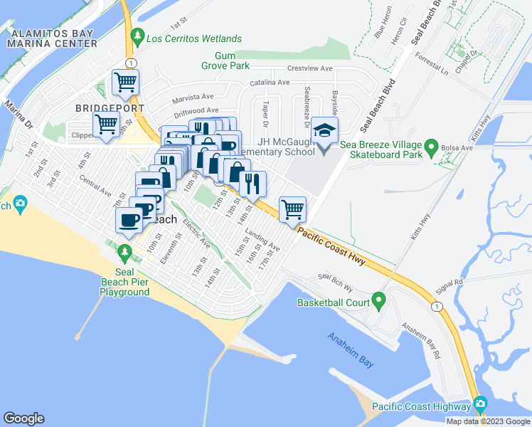 map of restaurants, bars, coffee shops, grocery stores, and more near 1500 Pacific Coast Highway in Seal Beach