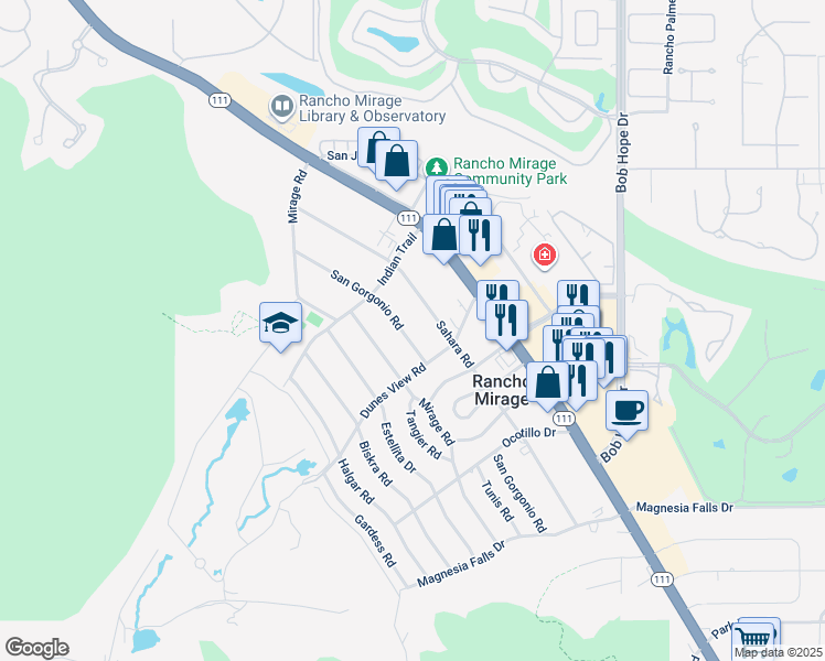 map of restaurants, bars, coffee shops, grocery stores, and more near 71510 San Gorgonio Road in Rancho Mirage