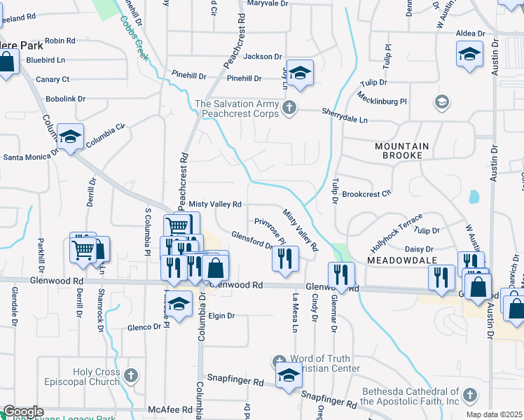 map of restaurants, bars, coffee shops, grocery stores, and more near 3377 Brookfield Lane in Decatur