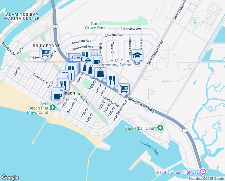 map of restaurants, bars, coffee shops, grocery stores, and more near 312 15th Street in Seal Beach