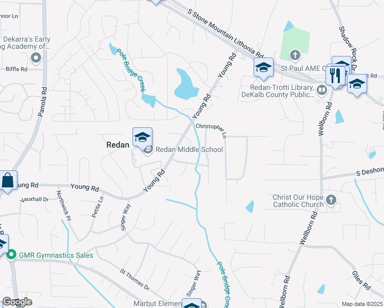 map of restaurants, bars, coffee shops, grocery stores, and more near 5790 Dorian Court in Lithonia
