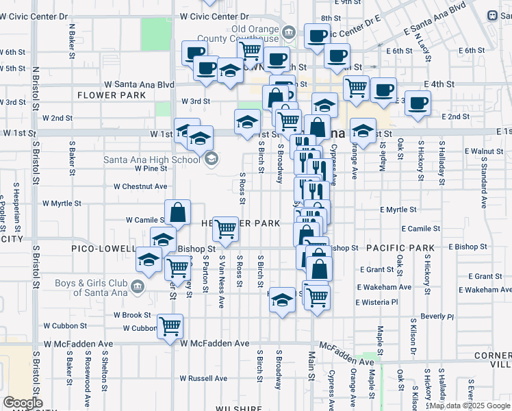 map of restaurants, bars, coffee shops, grocery stores, and more near 411 West Camile Street in Santa Ana
