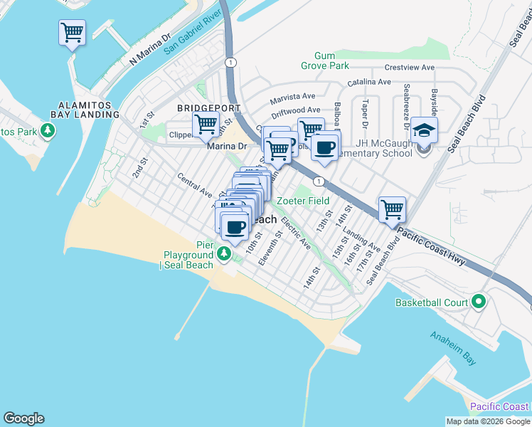 map of restaurants, bars, coffee shops, grocery stores, and more near 147 10th Street in Seal Beach