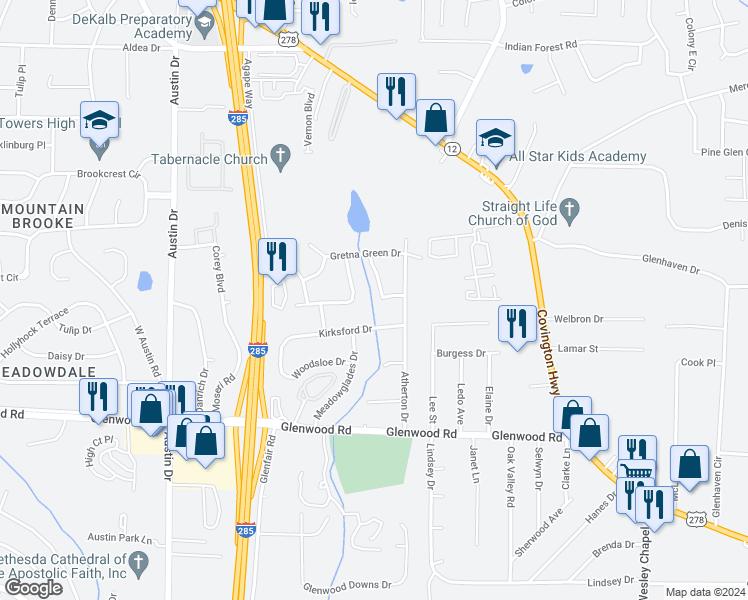 map of restaurants, bars, coffee shops, grocery stores, and more near 4024 Kirksford Drive in Decatur
