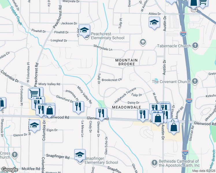 map of restaurants, bars, coffee shops, grocery stores, and more near 3533 Larkspur Terrace in Decatur